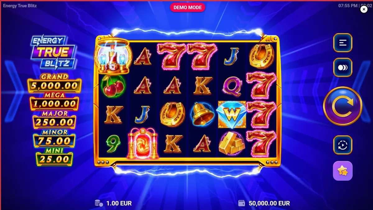 Tampilan visual slot Energy True Blitz dengan tema neon dan listrik