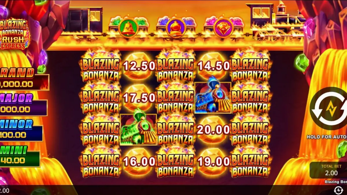 Blazing Bonanza Rush Express slot machine featuring gold mining theme and locomotive