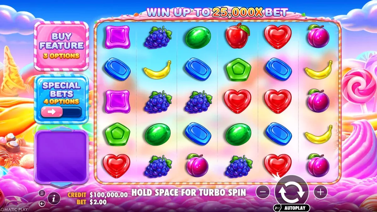 Tampilan visual cerah dan penuh warna dari slot Sweet Bonanza 2500 dengan simbol permen dan buah-buahan.
